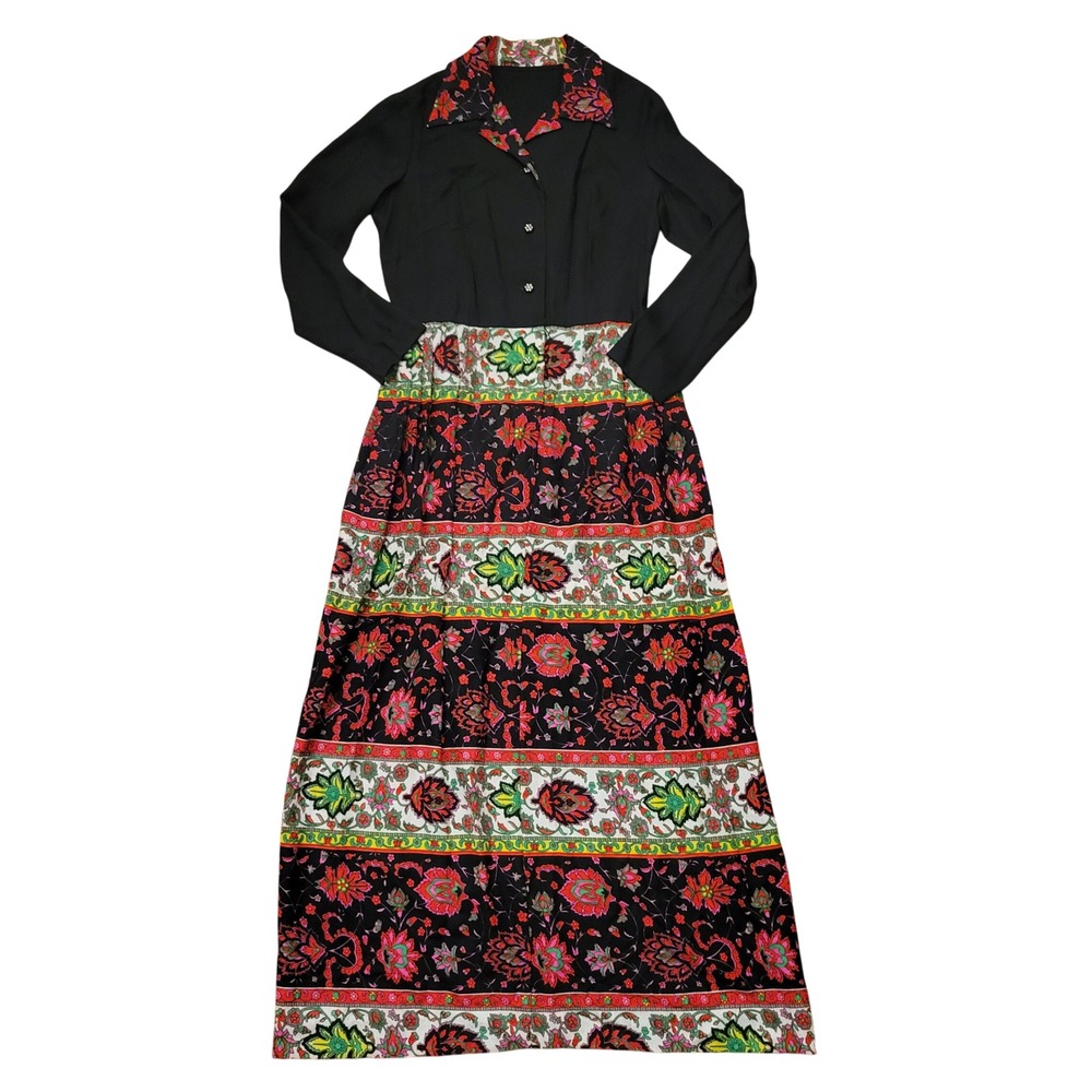 Toni Todd Black Psychedelic Floral Maxi Dress Vintage 18 Winter Party 70s‎ USA